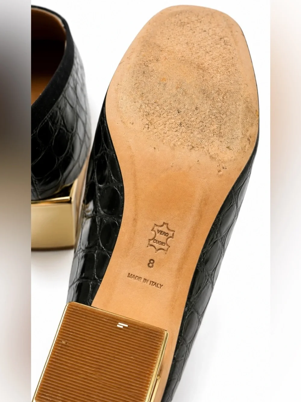 Tory Burch Black Croc Embossed Leather Gold Block Heel Size 8 w/ Box